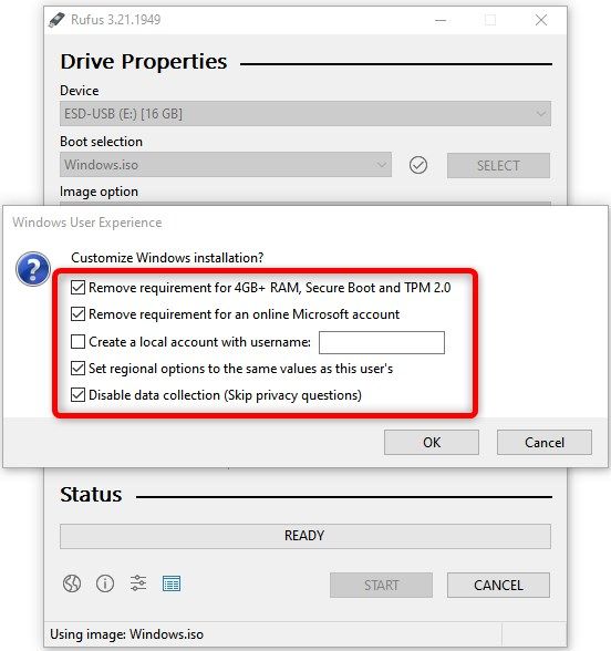 Recomendamos selecionar as quatro opções a seguir em relação à experiência do usuário do Windows 11 ao criar uma unidade flash USB inicializável contendo a instalação do Windows 11