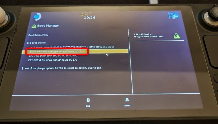 Selecione sua unidade flash USB no menu de seleção de inicialização do Steam Deck