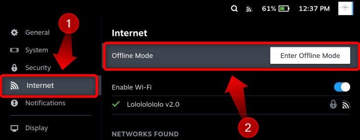 Vá para a guia Internet e selecione “Entrar no modo offline”.