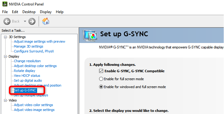 Alterne o G-Sync clicando no menu Configurar G-sync