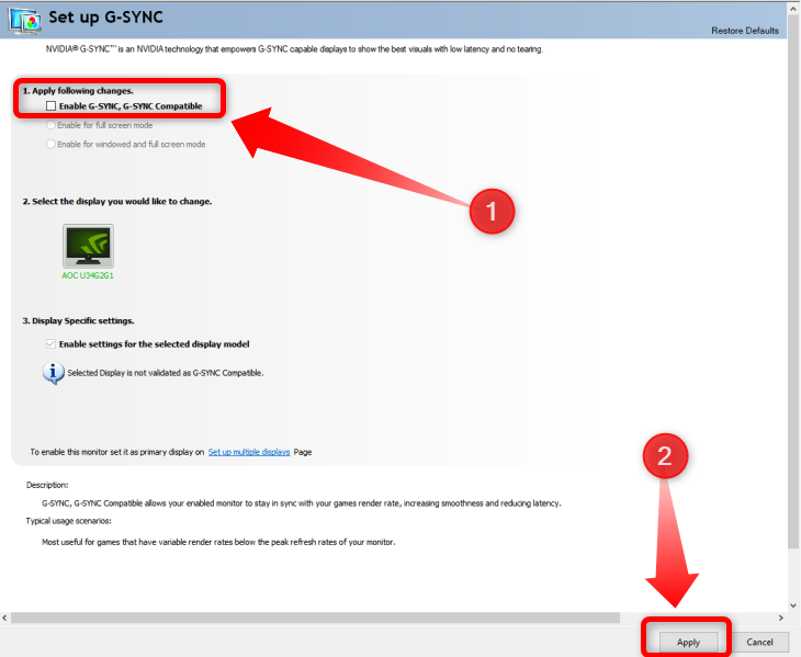 ]desative o G-sync clicando no botão Ativar G-Sync, compatível com G-Sync e clicando no botão aplicar