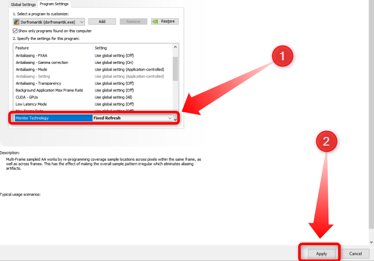 Depois de selecionar a opção Atualização fixa no submenu Monitor Technology, clique no botão Aplicar para desativar o G-Sync