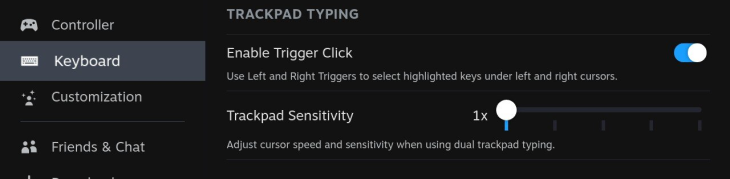 Menu de configurações do teclado Steam Deck mostrando opções específicas do trackpad