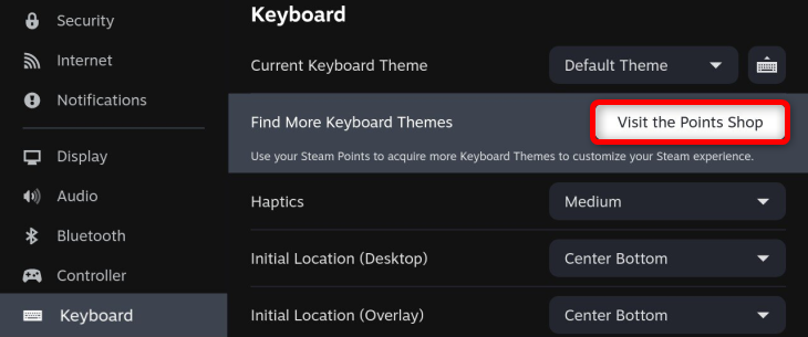 Você pode obter novos temas de teclado visitando o menu da loja de pontos.  Faça isso pressionando o botão Visitar a Loja de Pontos localizado no menu de configurações do teclado