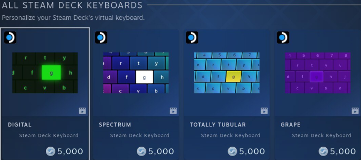 Loja de pontos de temas de teclado Steam Deck mostrando diferentes temas de teclado