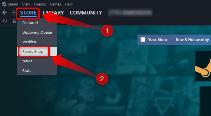 Acesse a Loja de Pontos Steam selecionando a guia Loja no Steam e clicando no botão Loja de Pontos