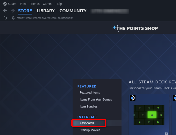 Clique na guia Teclados na Loja de Pontos Steam para navegar pelos novos temas de teclado do Steam Deck