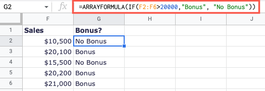 ARRAYFORMULA com IF no Planilhas Google