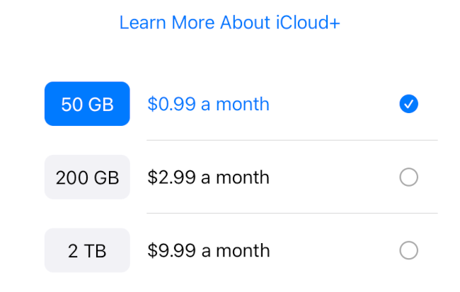 Opções de armazenamento iCloud+ com preços mensais.