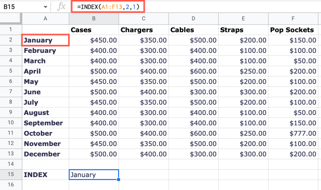 Fórmula para a função INDEX no Planilhas Google