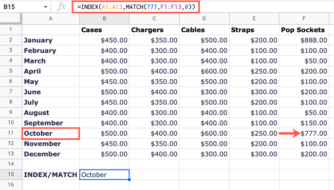 Fórmula para as funções INDEX e MATCH no Planilhas Google