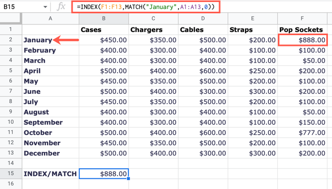 Fórmula para as funções INDEX e MATCH no Planilhas Google