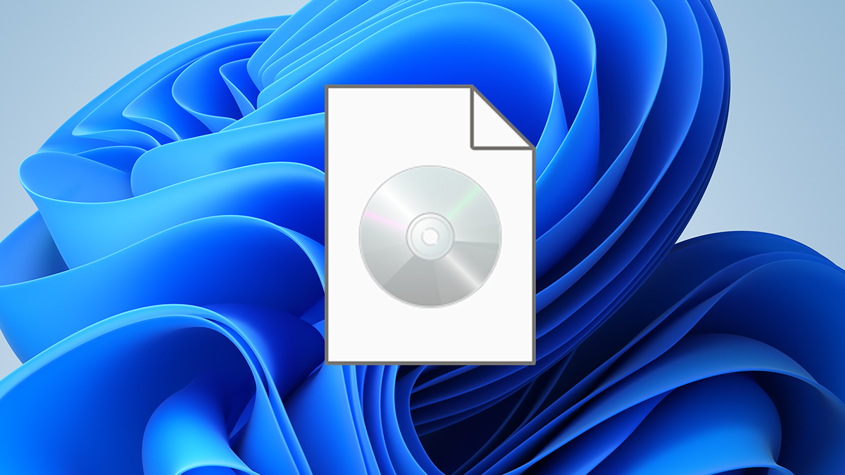 Um ícone ISO imposto sobre o fundo florido do Windows 11.