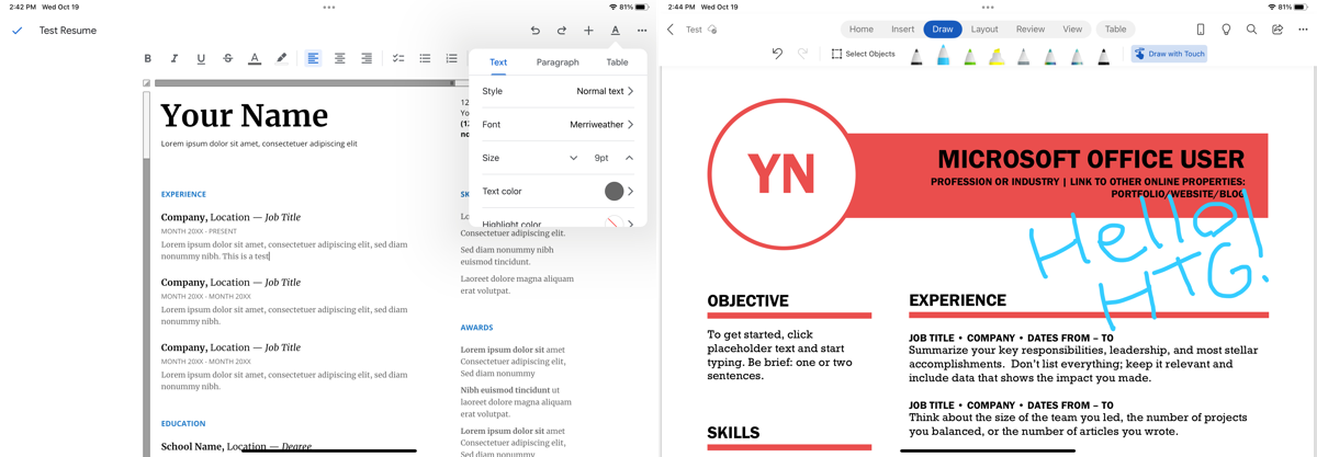 Google Docs (esquerda) e Microsoft Word (direita) em um iPad