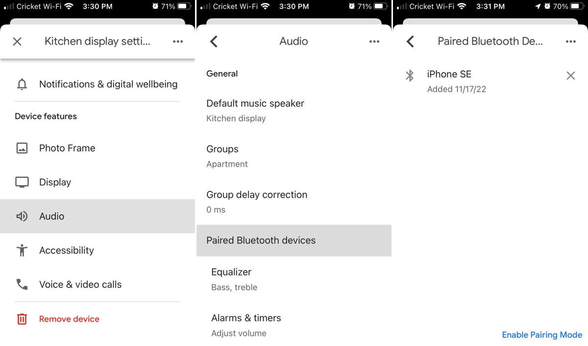 Configurações de Bluetooth no app Google Home