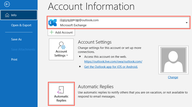 Informações, respostas automáticas no Outlook no Windows