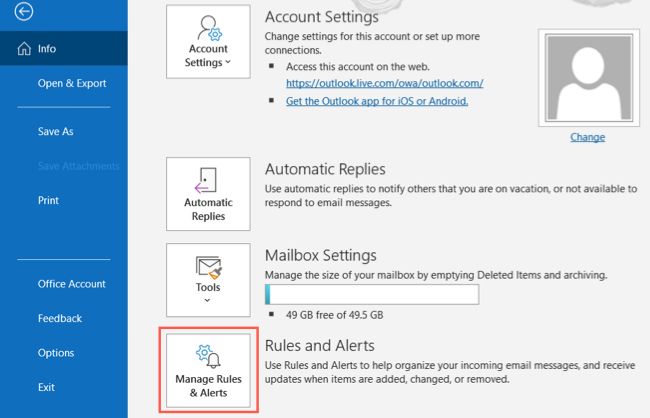 Gerenciar regras e alertas na seção Informações do Outlook