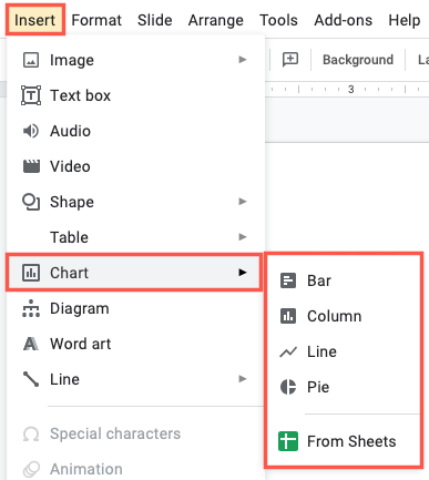 Opções de gráfico no menu Inserir