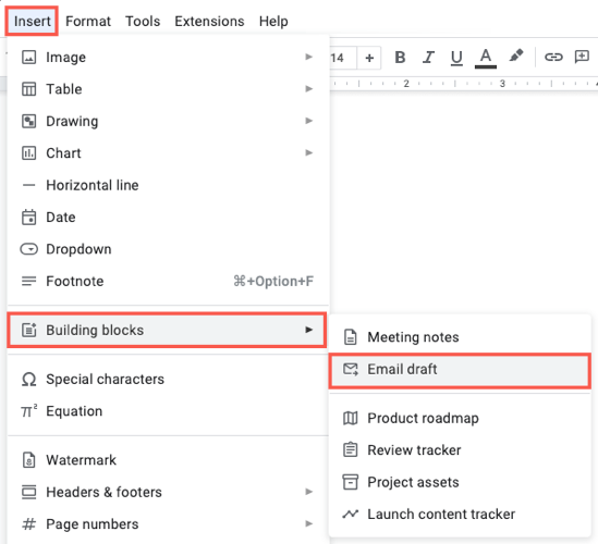 Rascunho de e-mail em Building Blocks no menu Ferramentas