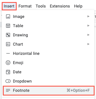 Nota de rodapé no menu Inserir na web