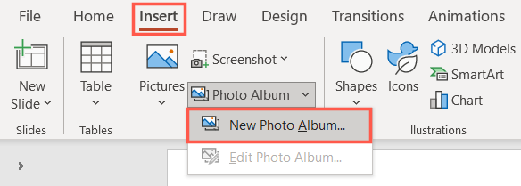 Novo álbum de fotos na guia Inserir