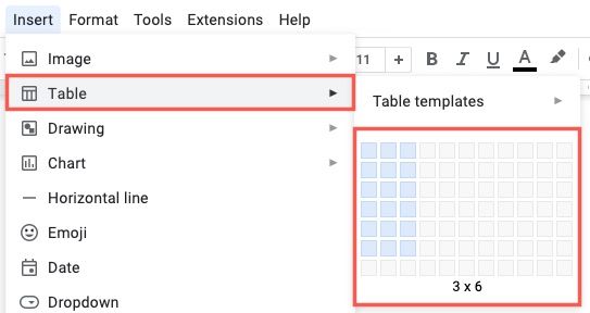 Opções de tamanho de tabela no menu Inserir