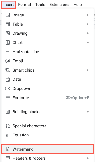 Marca d’água no menu Inserir do Google Docs