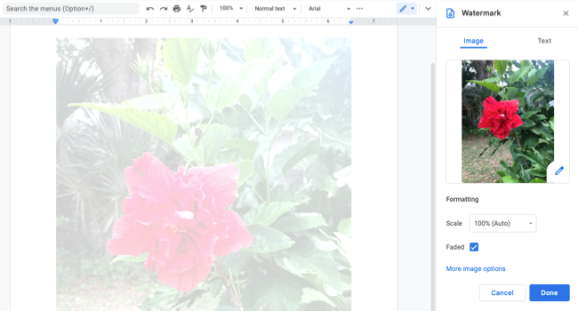 Marca d'água de imagem no Google Docs