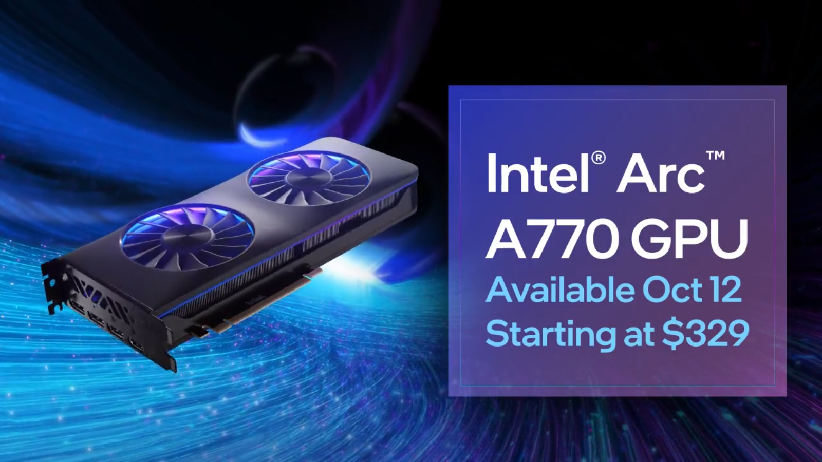 GPU Intel Arc A770 em fundo preto/azul com data de lançamento e preço