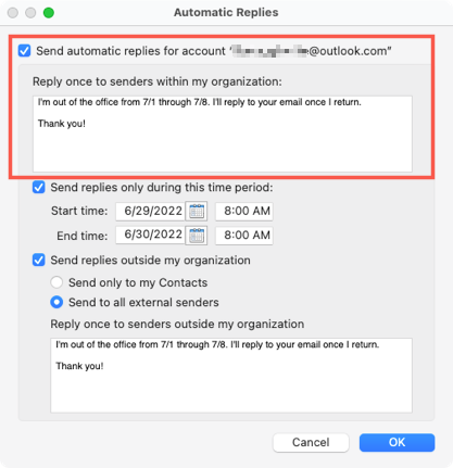 Envie respostas internas no Outlook no Mac