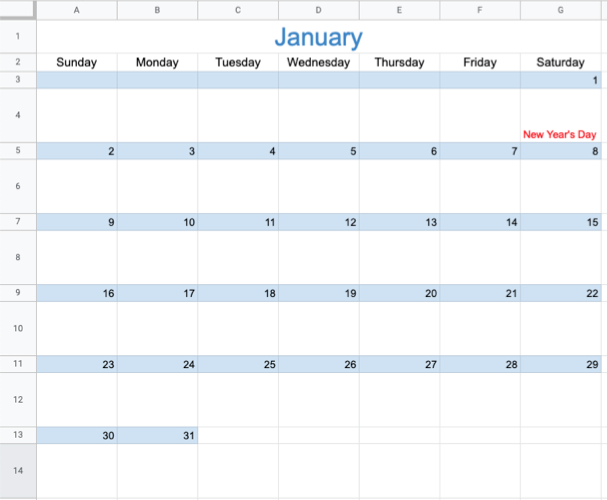 Calendário de janeiro no Planilhas Google