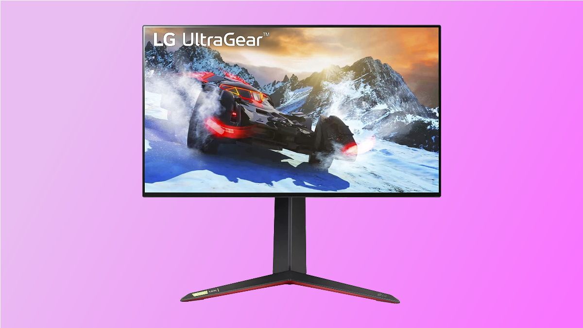 LG Ultragear em fundo rosa