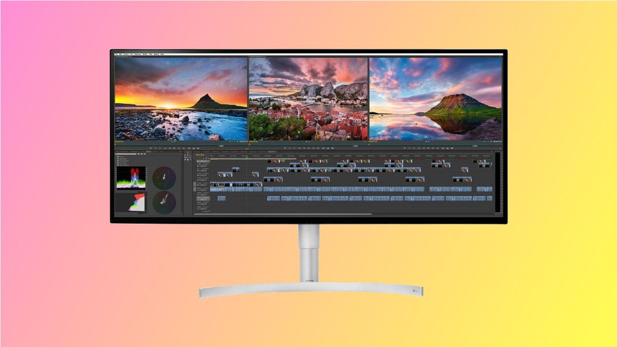 Monitor LG 4K Ultrawide em fundo rosa e amarelo