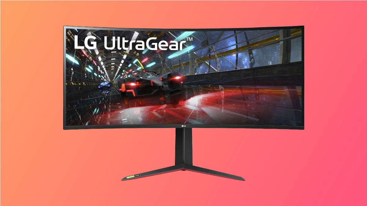 Monitor LG UltraGear em fundo laranja e rosa