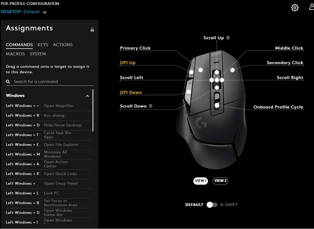 Programa Logitech G Hub com personalizações de botões.