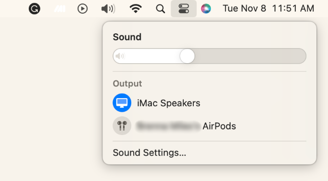 Opções de som dentro do Control Center no Mac