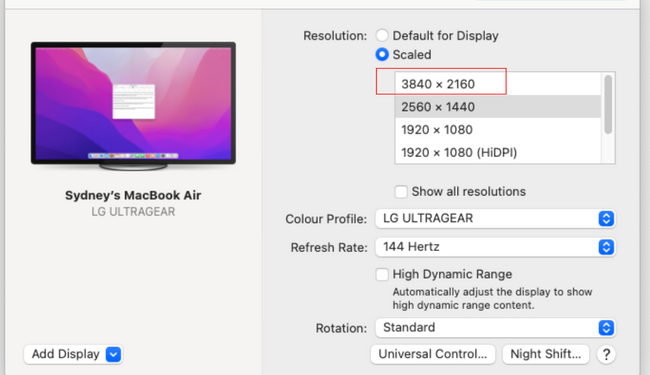 Opções de resolução em escala do MacOS Mostrando resolução virtual de 4K.