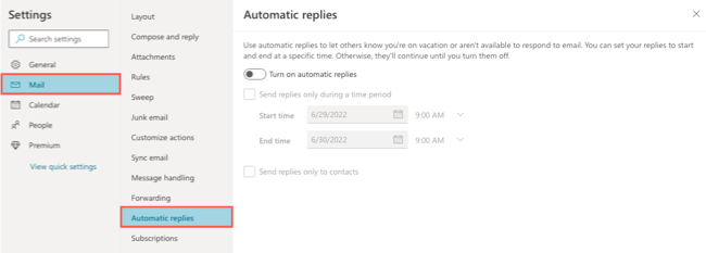 Correio, respostas automáticas no Outlook.com