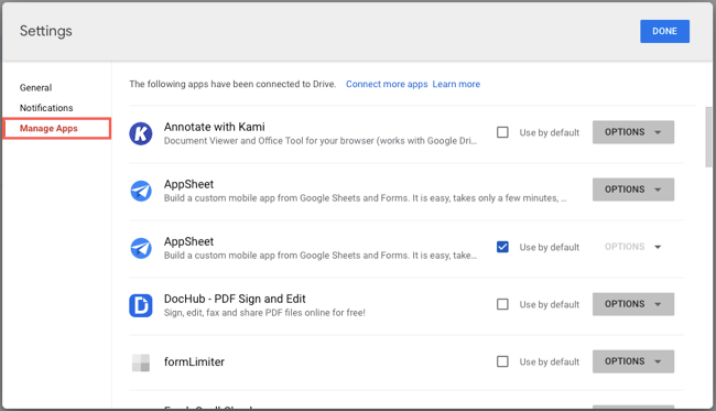 Gerenciar aplicativos nas configurações do Google Drive