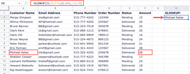 XLOOKUP com modos de correspondência e pesquisa da última entrada à primeira