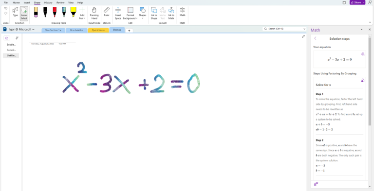 Captura de tela do Assistente de Matemática no OneNote