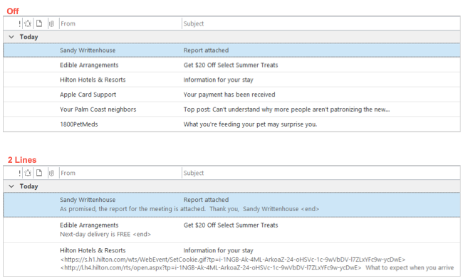 Visualizações de mensagens no Outlook