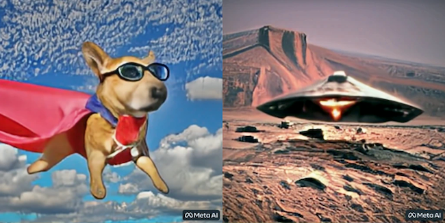 Imagens de um cachorro super-herói e uma nave alienígena tiradas do vídeo sintetizado pela Meta AI.