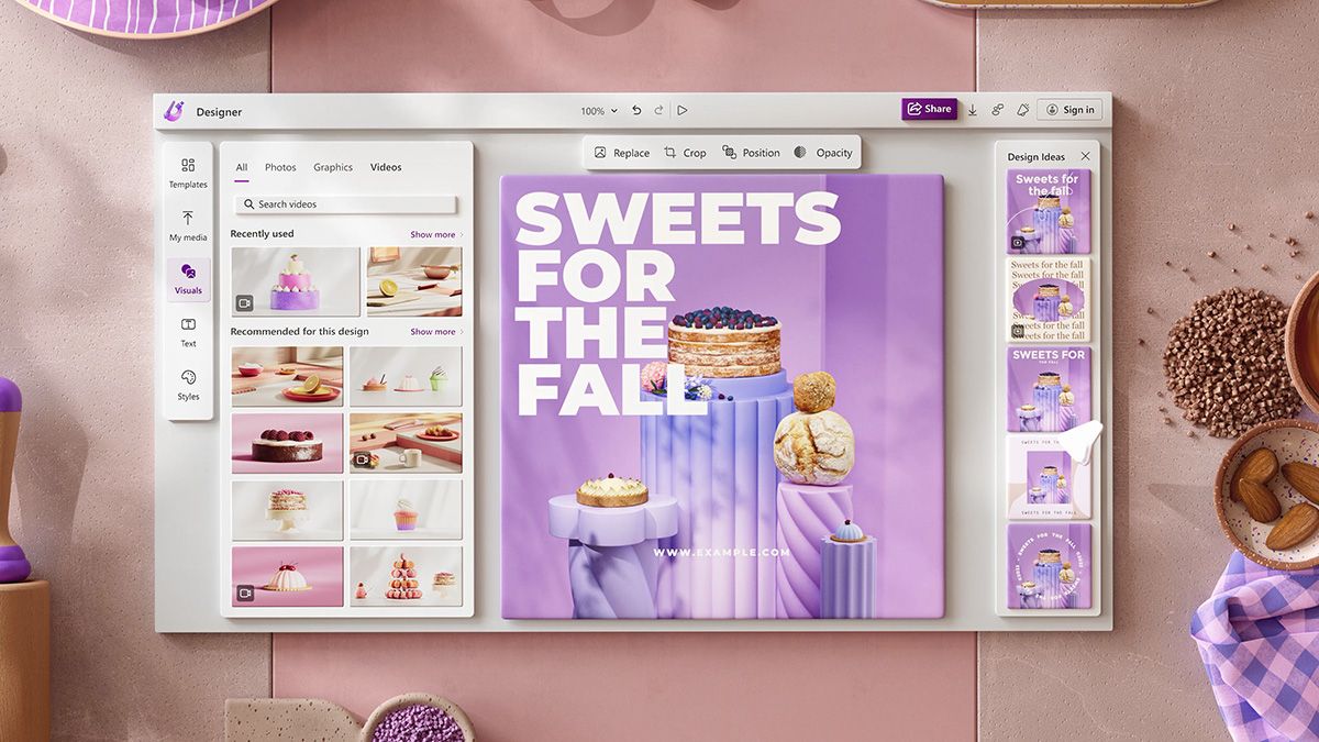 Captura de tela de demonstração do Microsoft Designer criando imagens de bolo