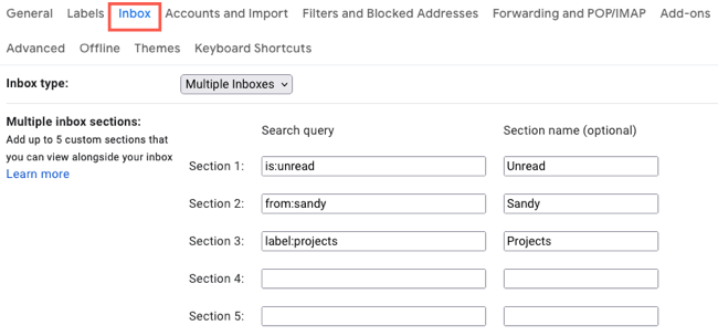 Configuração de múltiplas caixas de entrada no Gmail