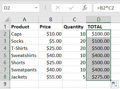 Fórmula copiada no Excel