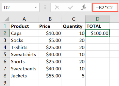 Fórmula usando o operador de multiplicação