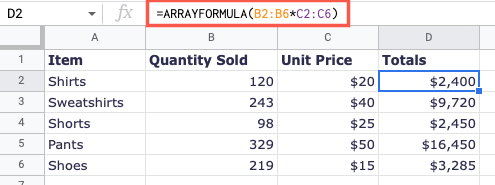 ARRAYFORMULA com multiplicação no Planilhas Google