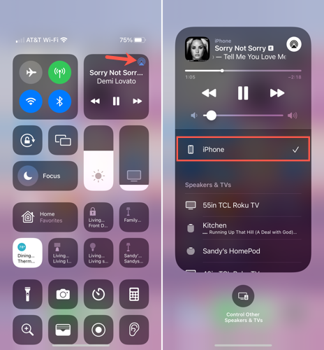 iPhone na lista AirPlay no Centro de Controle