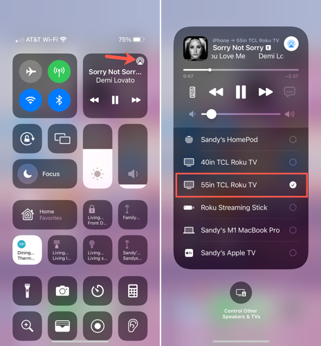 Ícone AirPlay para música no iPhone Control Center